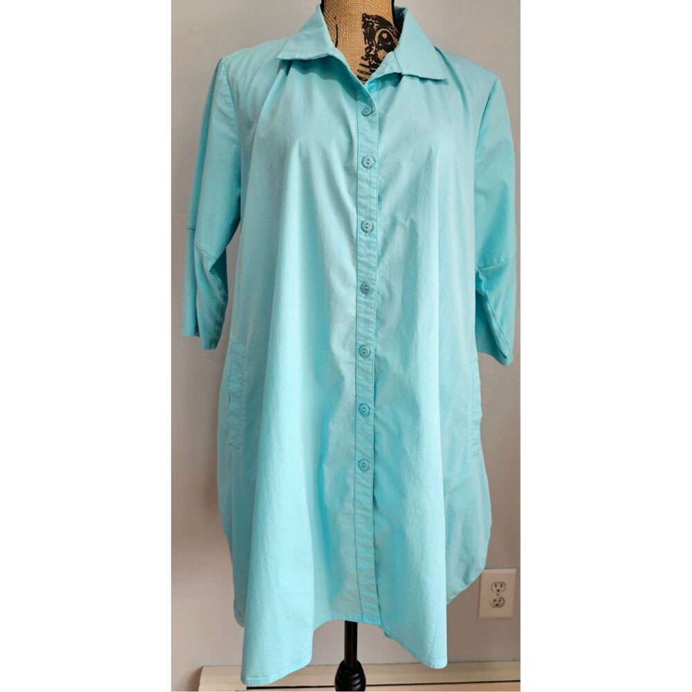Stella Carakasi Button-Down Tunic Shirt Tulip Pockets Turquoise Jersey Back Sz M - Picture 1 of 9